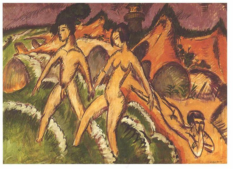 Ernst Ludwig Kirchner Female nudes striding into the sea Spain oil painting art